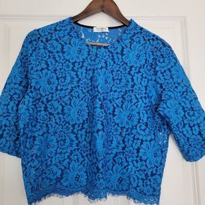 ROSEANNA Blue Sheer Lace 1/2 Sleeve Crop Top